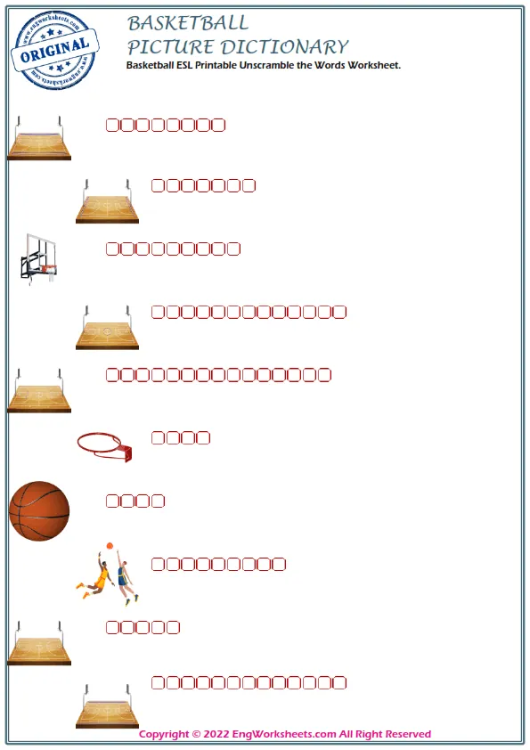 Basketball ESL Printable Unscramble the Words Worksheet.