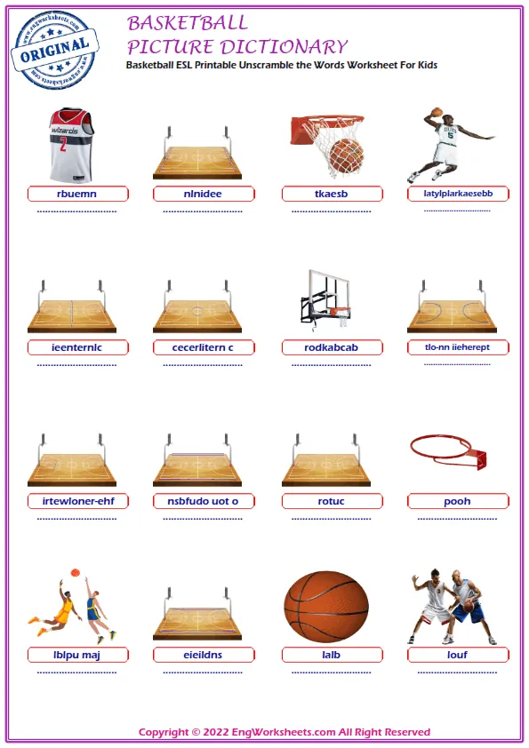 Basketball ESL Printable Unscramble the Words Worksheet For Kids Worksheet Preview