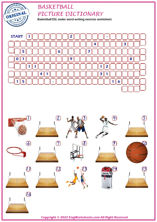 Basketball ESL snake word writing exercise worksheet.