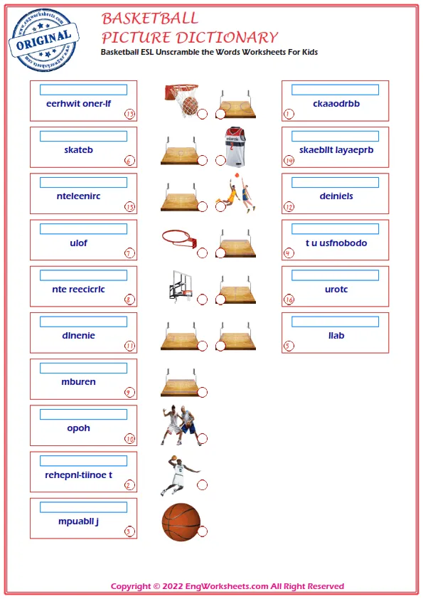 Basketball ESL Unscramble the Words Worksheets For Kids