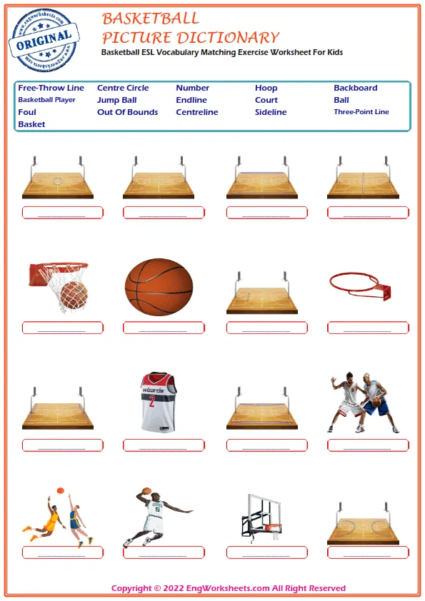 Basketball ESL Vocabulary Matching Exercise Worksheet For Kids Worksheet Preview
