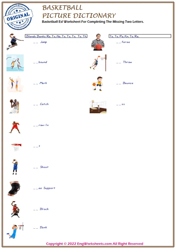 Basketball Esl Worksheet For Completing The Missing Two Letters.
