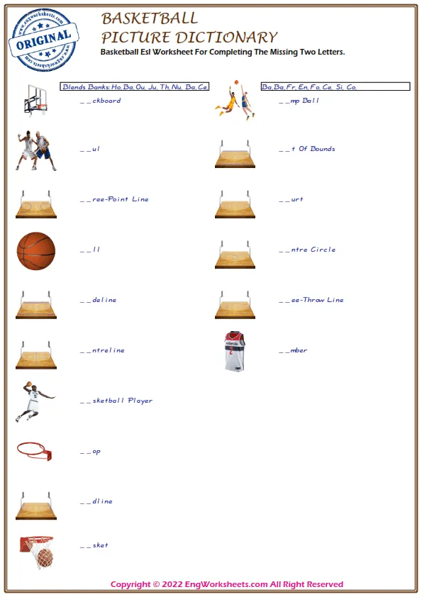 Basketball Esl Worksheet For Completing The Missing Two Letters.