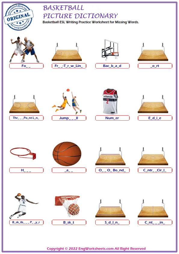 Basketball ESL Writing Practice Worksheet for Missing Words.