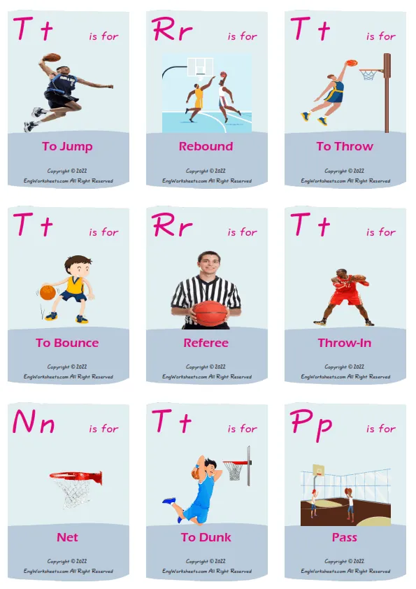 Basketball vocabulary worksheet with words, nine images per page
