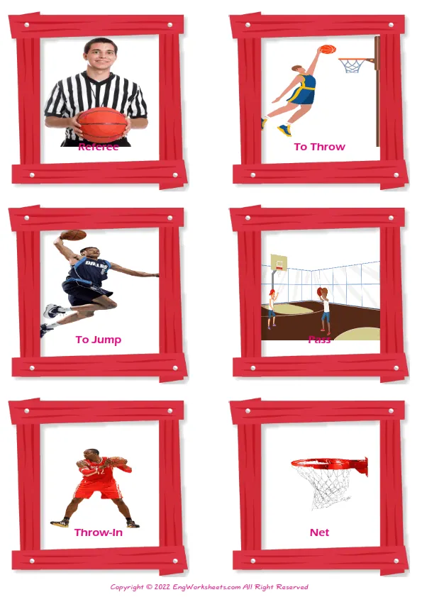 Basketball vocabulary worksheet with words, six images per page