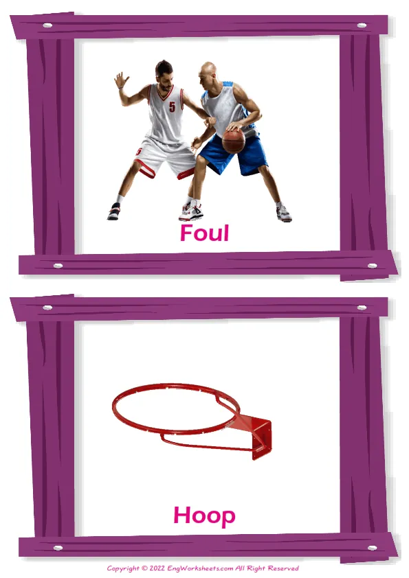 Basketball vocabulary worksheet with words, two images per page