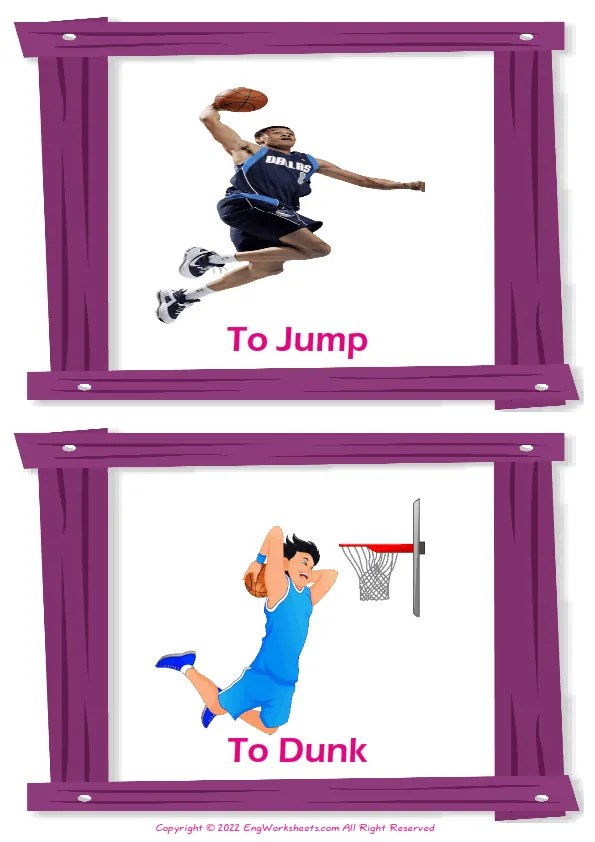 Basketball vocabulary worksheet with words, two images per page