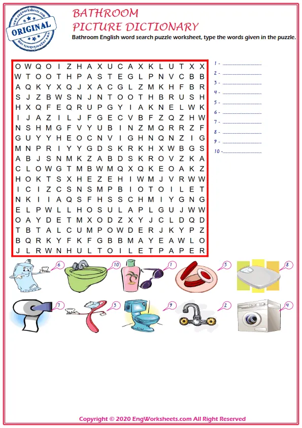 Bathroom English word search puzzle worksheet, type the words given in the puzzle. Worksheet Preview