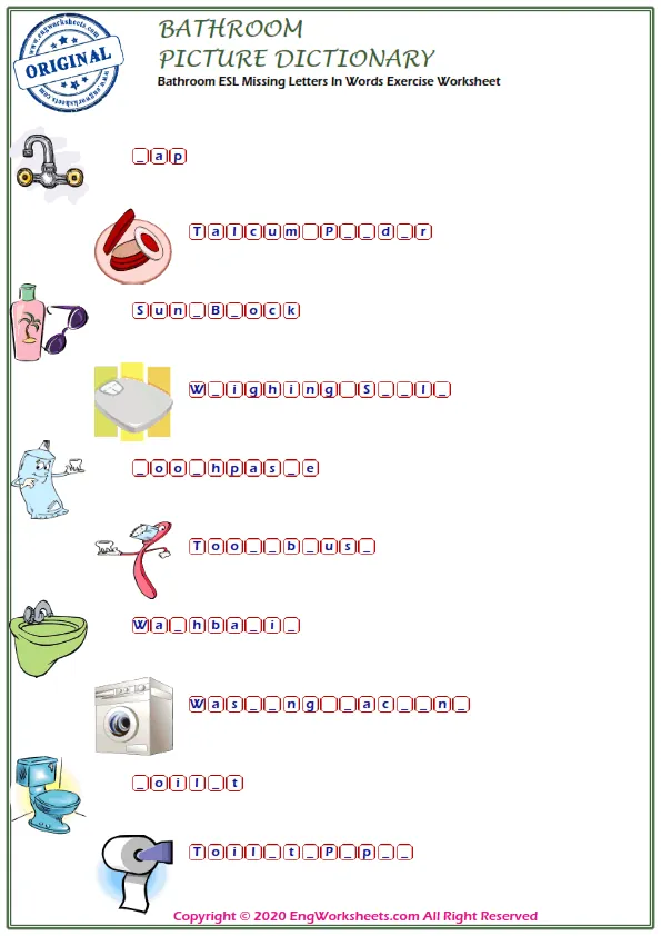 Bathroom ESL Missing Letters In Words Exercise Worksheet Worksheet Preview