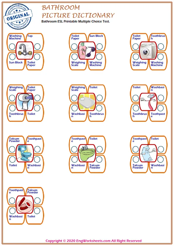 Bathroom ESL Printable Multiple Choice Test. Worksheet Preview