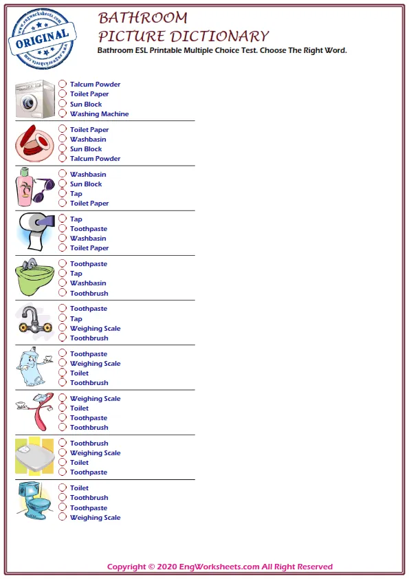 Bathroom ESL Printable Multiple Choice Test. Choose The Right Word. Worksheet Preview