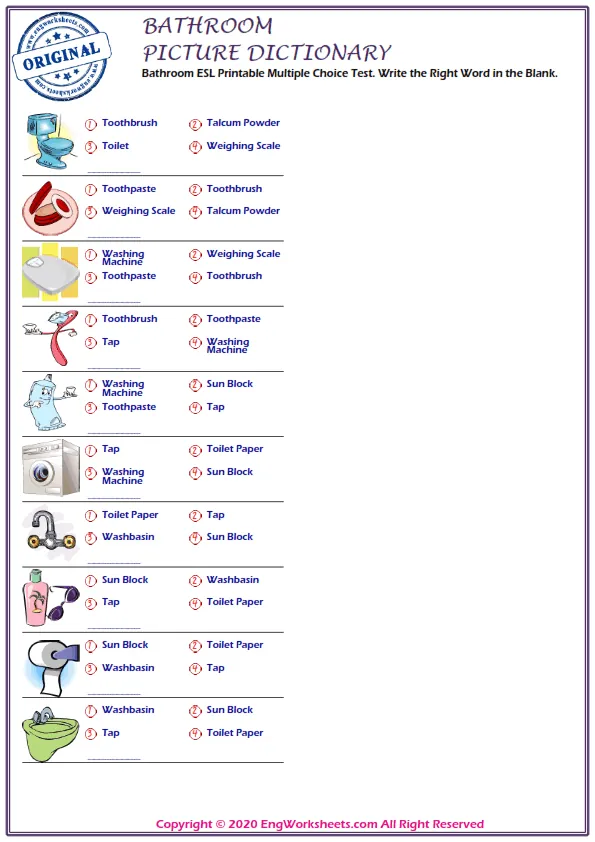Bathroom ESL Printable Multiple Choice Test. Write the Right Word in the Blank. Worksheet Preview