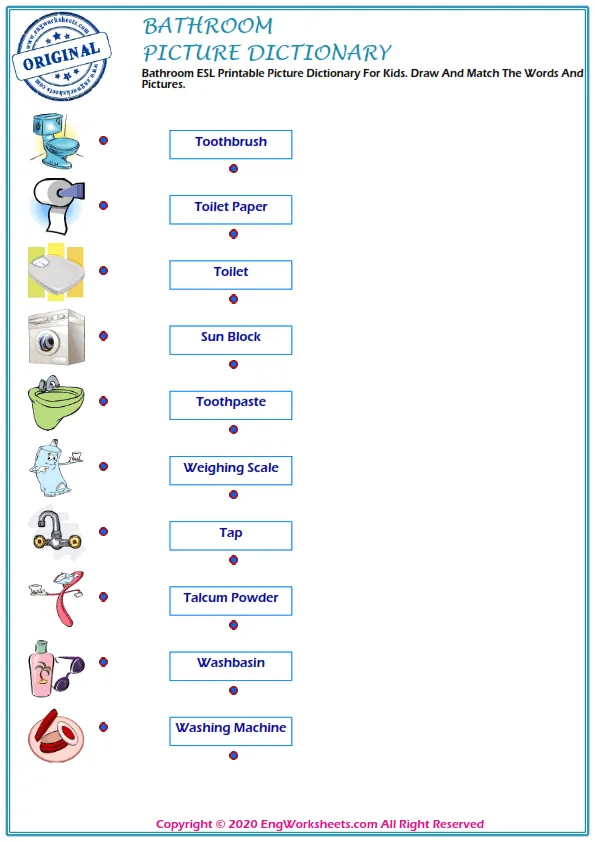 Bathroom ESL Printable Picture Dictionary For Kids. Draw And Match The Words And Pictures. Worksheet Preview