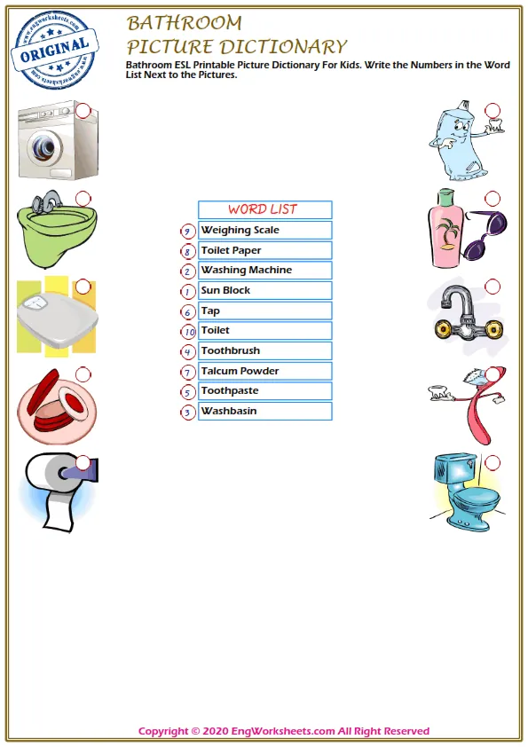 Bathroom ESL Printable Picture Dictionary For Kids. Write the Numbers in the Word List Next to the Pictures. Worksheet Preview