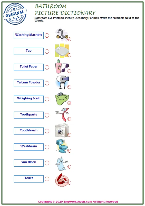 Bathroom ESL Printable Picture Dictionary For Kids. Write the Numbers Next to the Words.