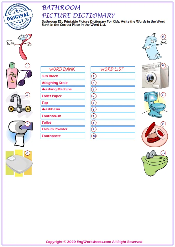 Bathroom ESL Printable Picture Dictionary For Kids. Write the Words in the Word Bank in the Correct Place in the Word List. Worksheet Preview