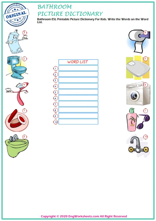 Bathroom ESL Printable Picture Dictionary For Kids. Write the Words on the Word List. Worksheet Preview