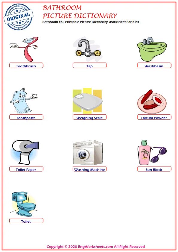 Bathroom ESL Printable Picture Dictionary Worksheet For Kids Worksheet Preview