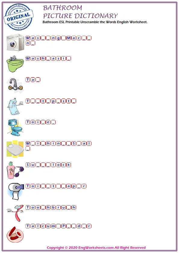 Bathroom ESL Printable Unscramble the Words English Worksheet. Worksheet Preview