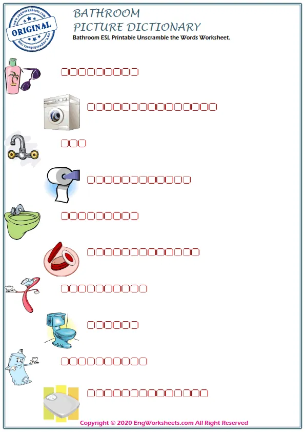 Bathroom ESL Printable Unscramble the Words Worksheet. Worksheet Preview