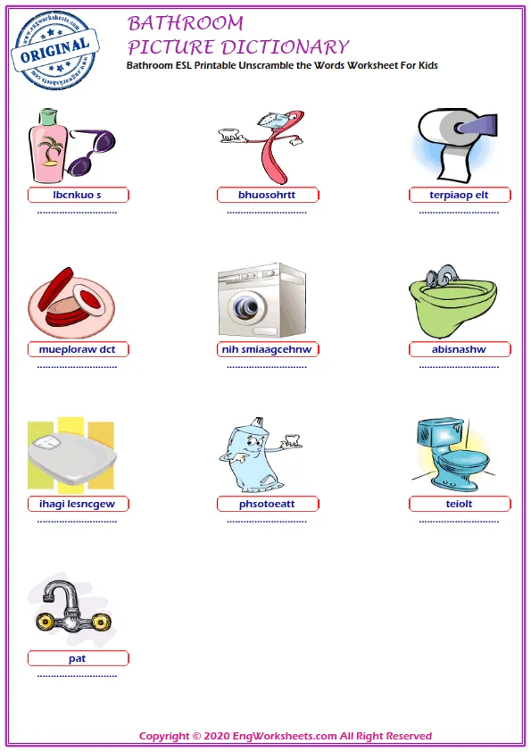 Bathroom ESL Printable Unscramble the Words Worksheet For Kids Worksheet Preview