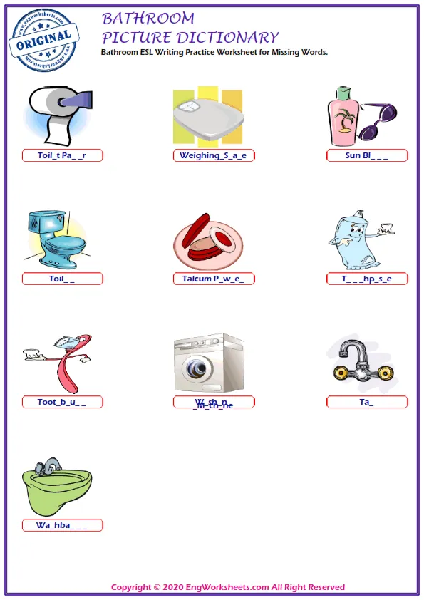 Bathroom ESL Writing Practice Worksheet for Missing Words. Worksheet Preview
