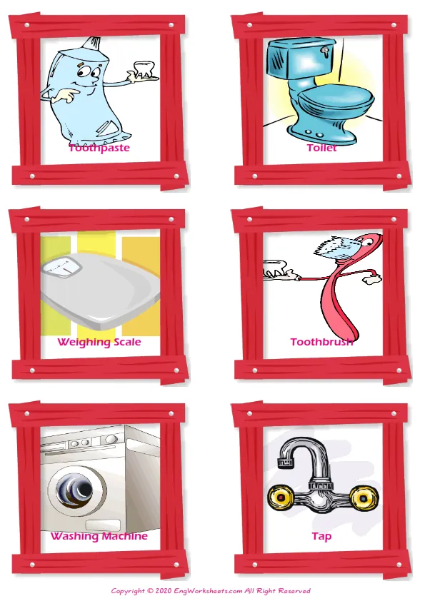Bathroom vocabulary worksheet with words, six images per page