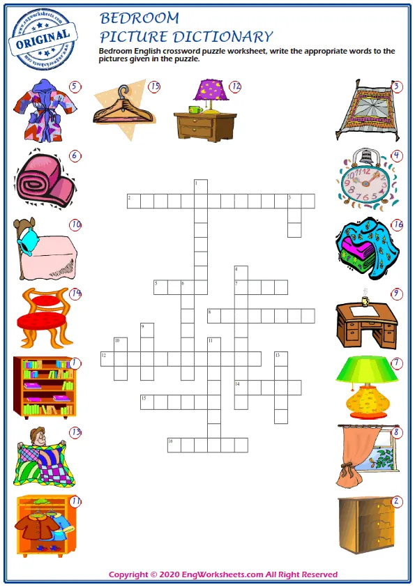 Bedroom English crossword puzzle worksheet, write the appropriate words to the pictures given in the puzzle. Worksheet Preview