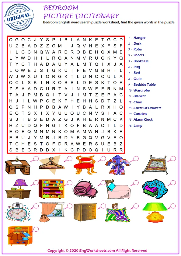 Bedroom English word search puzzle worksheet, find the given words in the puzzle. Worksheet Preview