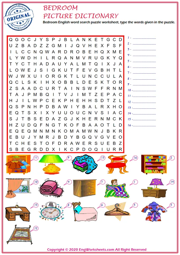 Bedroom English word search puzzle worksheet, type the words given in the puzzle. Worksheet Preview