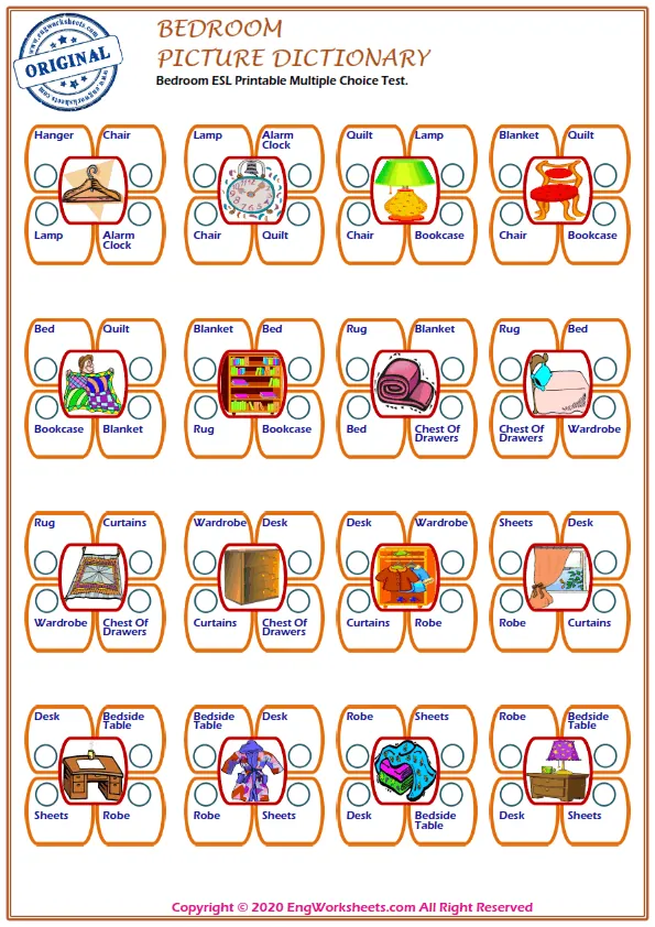 Bedroom ESL Printable Multiple Choice Test. Worksheet Preview