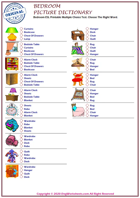 Bedroom ESL Printable Multiple Choice Test. Choose The Right Word.