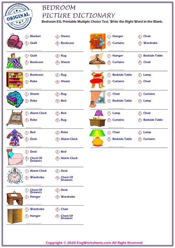 Bedroom ESL Printable Multiple Choice Test. Write the Right Word in the Blank. Worksheet Preview