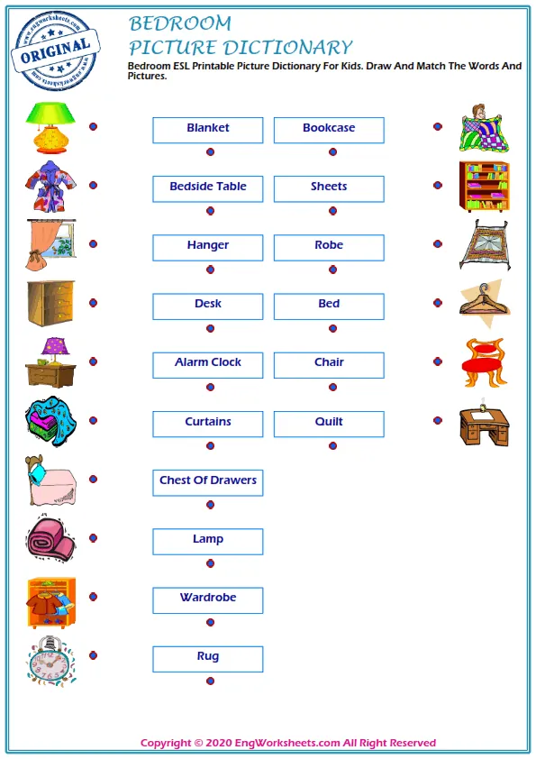 Bedroom ESL Printable Picture Dictionary For Kids. Draw And Match The Words And Pictures. Worksheet Preview