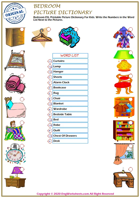 Bedroom ESL Printable Picture Dictionary For Kids. Write the Numbers in the Word List Next to the Pictures. Worksheet Preview