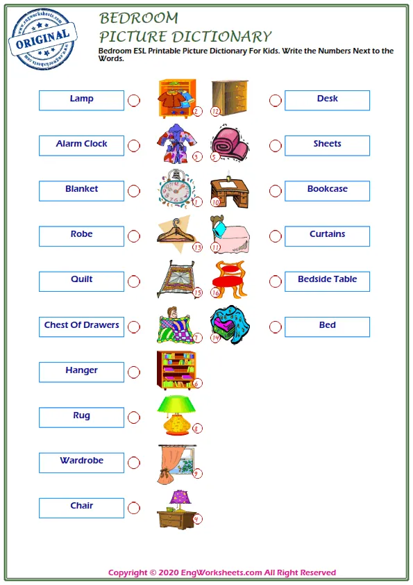 Bedroom ESL Printable Picture Dictionary For Kids. Write the Numbers Next to the Words. Worksheet Preview