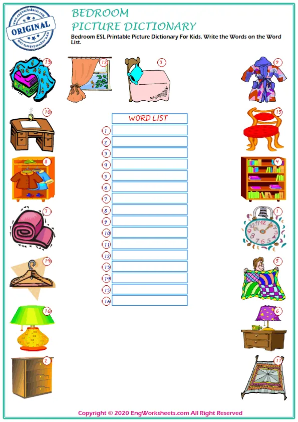 Bedroom ESL Printable Picture Dictionary For Kids. Write the Words on the Word List. Worksheet Preview