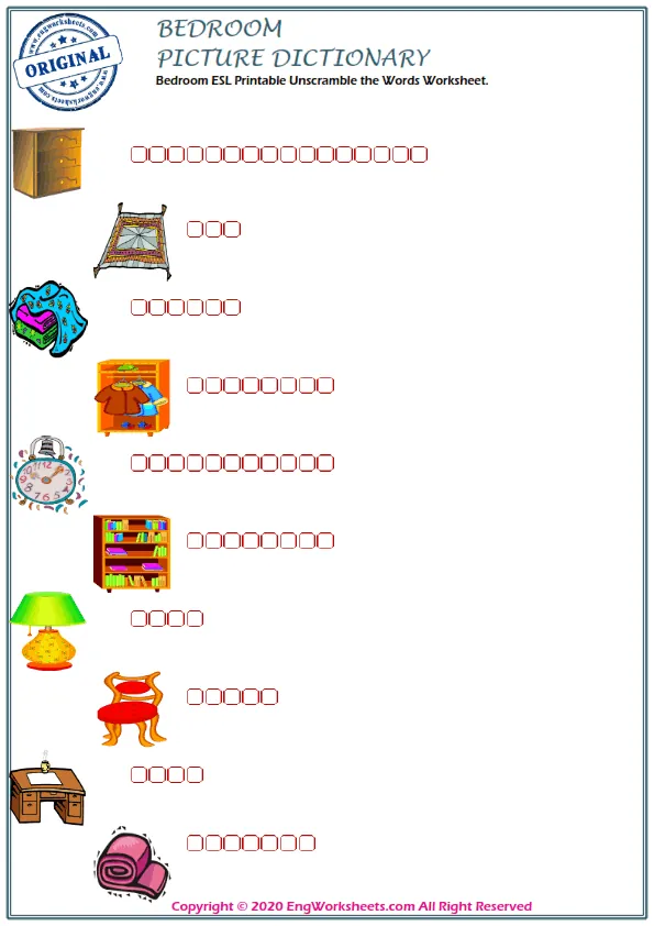 Bedroom ESL Printable Unscramble the Words Worksheet. Worksheet Preview
