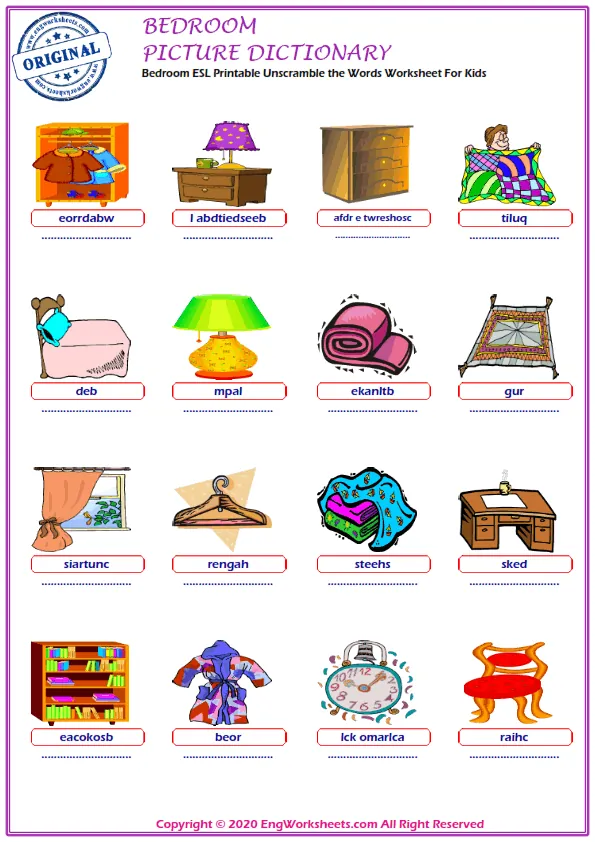 Bedroom ESL Printable Unscramble the Words Worksheet For Kids Worksheet Preview