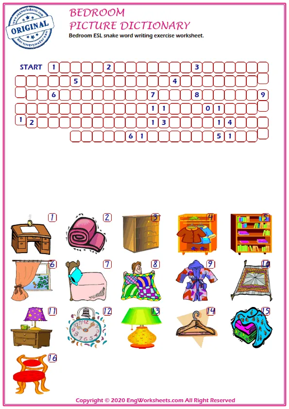 Bedroom ESL snake word writing exercise worksheet. Worksheet Preview