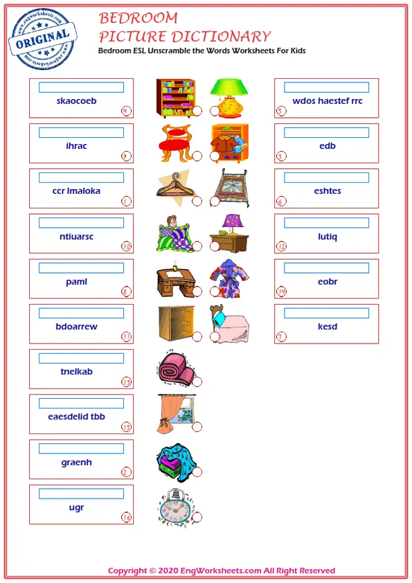 Bedroom ESL Unscramble the Words Worksheets For Kids Worksheet Preview