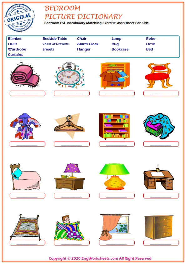 Bedroom ESL Vocabulary Matching Exercise Worksheet For Kids Worksheet Preview