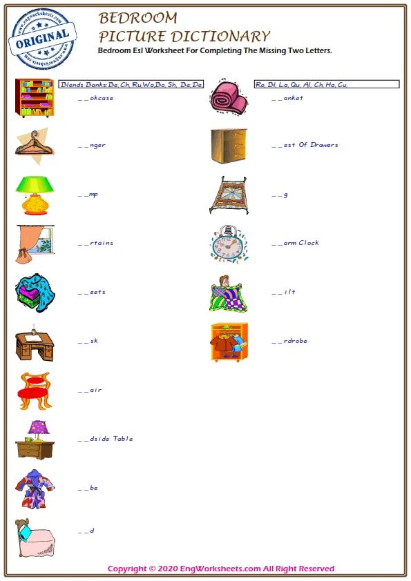 Bedroom Esl Worksheet For Completing The Missing Two Letters. Worksheet Preview