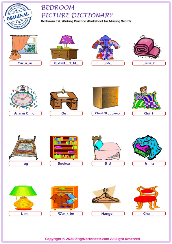 Bedroom ESL Writing Practice Worksheet for Missing Words. Worksheet Preview