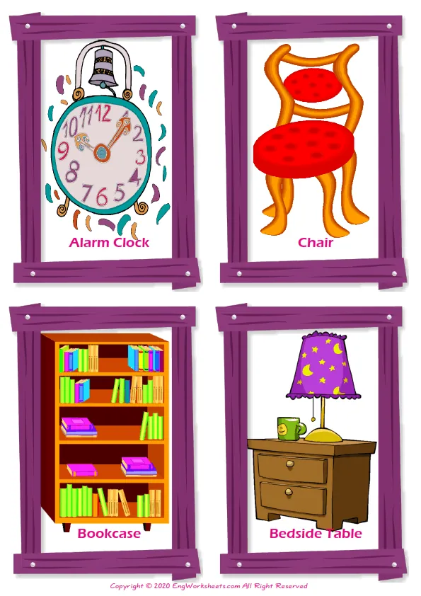 Bedroom vocabulary worksheet with words, four images per page Worksheet Preview