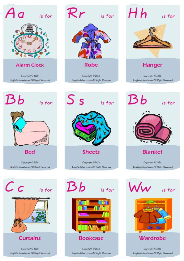 Bedroom vocabulary worksheet with words, nine images per page Worksheet Preview