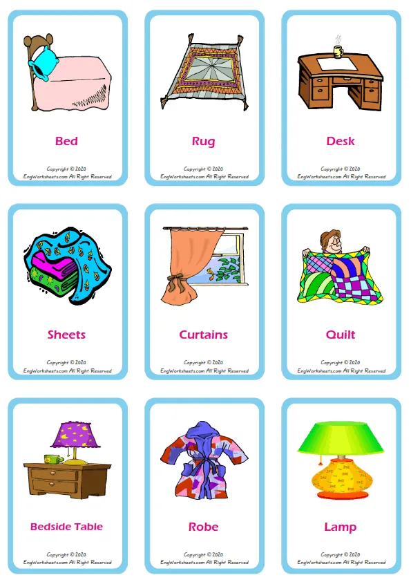 Bedroom vocabulary worksheet with words, nine images per page Worksheet Preview