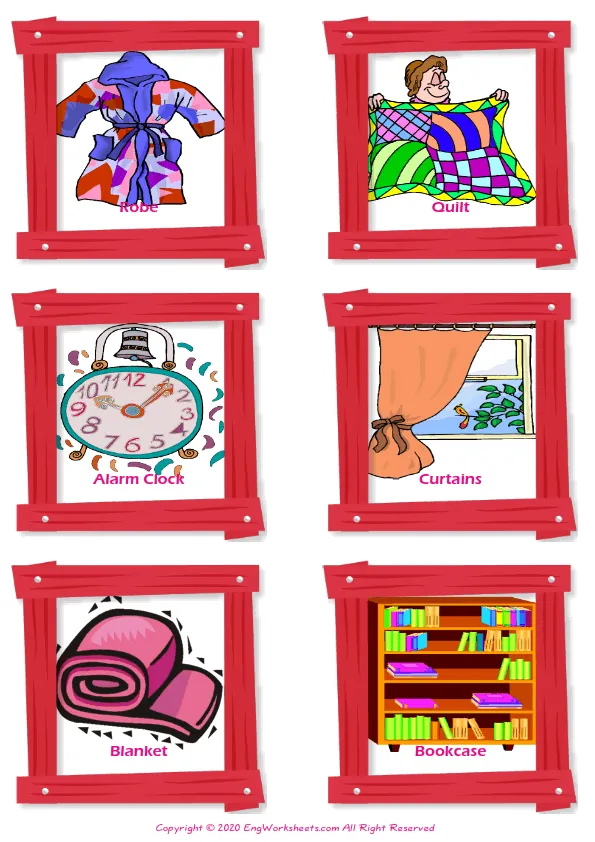 Bedroom vocabulary worksheet with words, six images per page Worksheet Preview