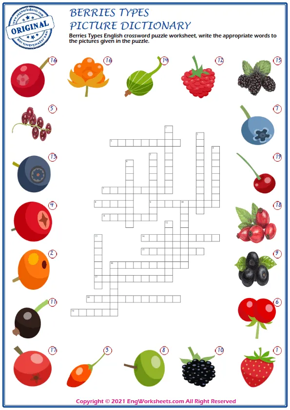 Berries Types English crossword puzzle worksheet, write the appropriate words to the pictures given in the puzzle. Worksheet Preview